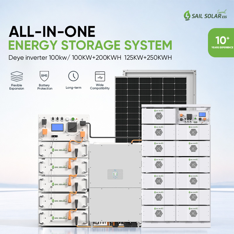 Sistema solare con accumulo a batteria da 100 kW e 125 kW con inverter ibrido Deye.
